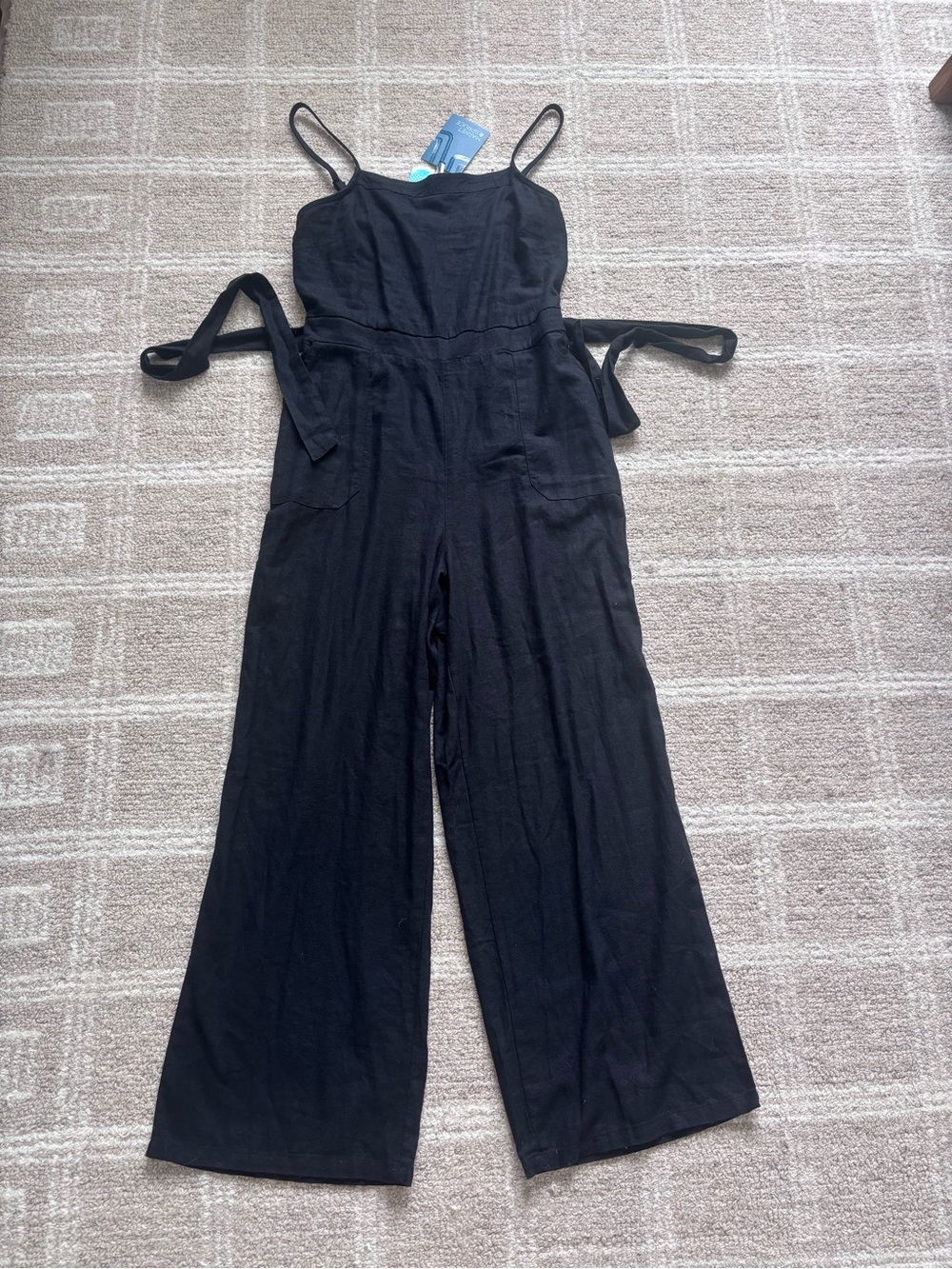 Market & Spruce Black Linen-Blend Wide-Leg Jumpsuit with Tie Waist